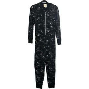 NWT CHASER Revolve Jumpsuit One-piece Black Stars Space Zip Hooded - Small